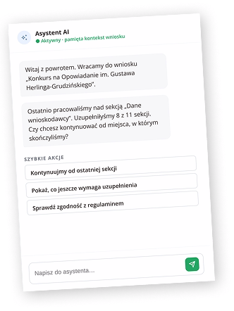 Interfejs Asystenta AI z platformy Kasa na Kulturę pokazujący okno czatu z pytaniem o wnioski grantowe i opcjami sugerowanymi do wyboru
